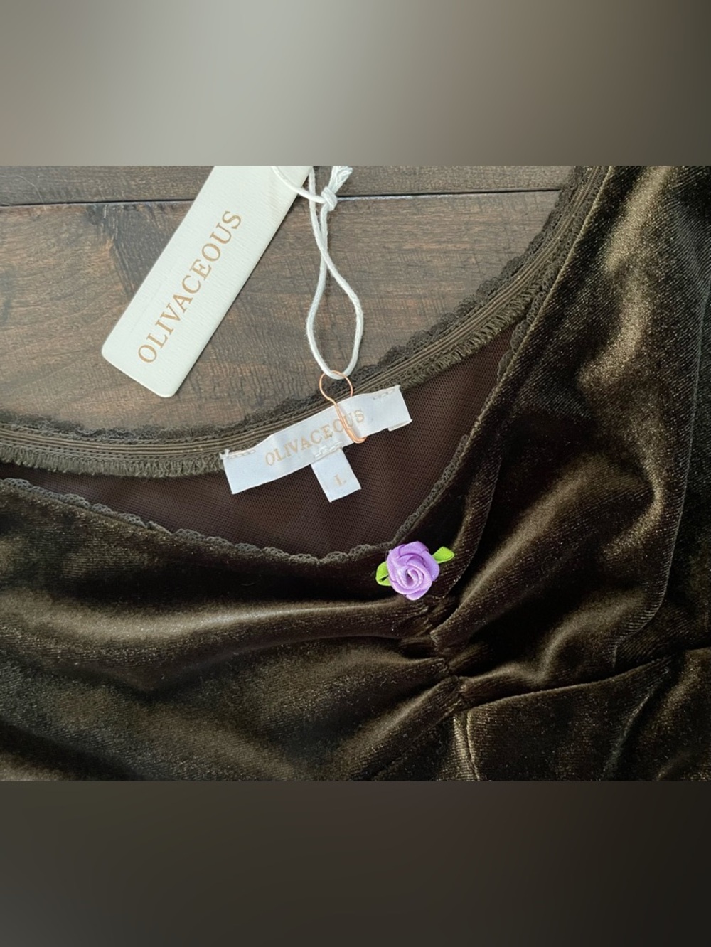 NWT Olivaceous 90's Witchy Princess Velvet Mini Dress in Dark Olive Green size L - Picture 5 of 5